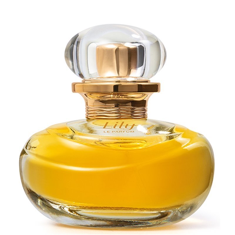 Frasco luxuoso de Lily Le Parfum 30ml em vidro maciço transparente com detalhes dourados e tampa redonda.