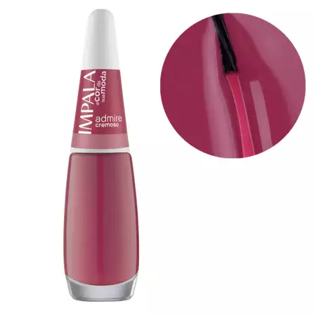 Vidrinho cônico de esmalte Impala Admire na cor rosa antigo cremoso com pincel aplicando a cor em um círculo demonstrativo ao lado.