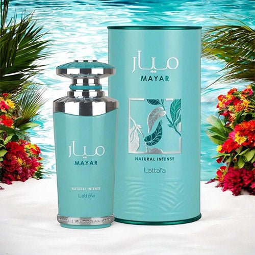 Frasco em tons de verde e azul do perfume feminino Lattafa Mayar Natural Intense EDP 100ml, fragrância fresca e aquática, disponível na Daisuki Modas.
