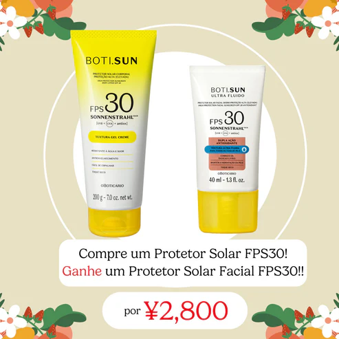 "Combo O Boticário Boti.Sun contendo Protetor Solar Corporal FPS 30 de 200g em bisnaga amarela e Protetor Solar Facial FPS 30 em embalagem menor de bico dosador."
