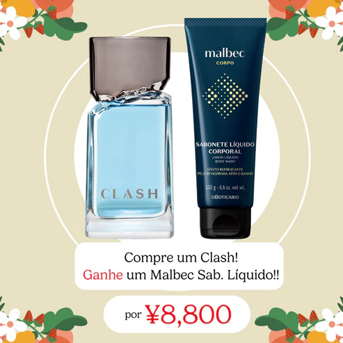 "Combo masculino O Boticário contendo perfume Clash Eau de Toilette 100ml em frasco preto moderno e Sabonete Líquido Corporal Malbec 250g em frasco marrom característico da linha."