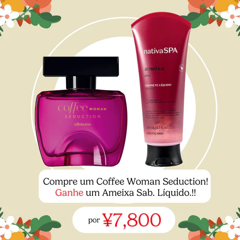 "Combo O Boticário contendo perfume Coffee Woman Seduction Desodorante Colônia 100ml em frasco marrom curvado e Sabonete Líquido Corporal Nativa SPA Ameixa 200ml em frasco roxo com válvula pump."