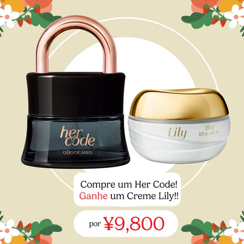 "Combo O Boticário contendo perfume Her Code Eau de Parfum 50ml em frasco formato de cadeado cor vinho e Creme Acetinado Hidratante Lily 250g em pote de vidro clássico com tampa dourada."