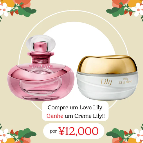 "Combo O Boticário contendo perfume Love Lily Eau de Parfum 75ml em frasco de vidro arredondado com tampa dourada e Creme Acetinado Hidratante Lily 250g em pote de vidro clássico."