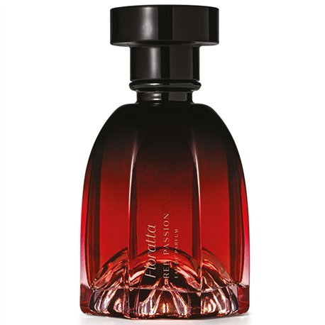 Frasco de perfume O Boticário Floratta Red Passion Eau de Parfum 75ml em vidro vermelho vibrante com tampa transparente.