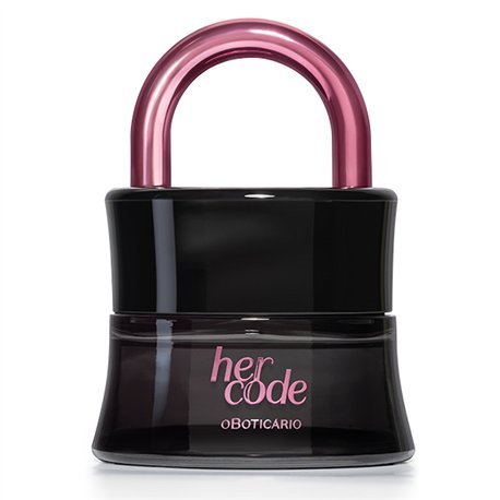 "Frasco de perfume O Boticário Her Code Touch Eau de Parfum 50ml, em formato de cadeado na cor vinho degradê com detalhes dourados e bico borrifador integrado."