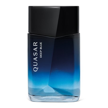 "Frasco de perfume O Boticário Quasar Deep Blue Desodorante Colônia 100ml, em vidro azul escuro translúcido com tampa preta e design geométrico moderno."