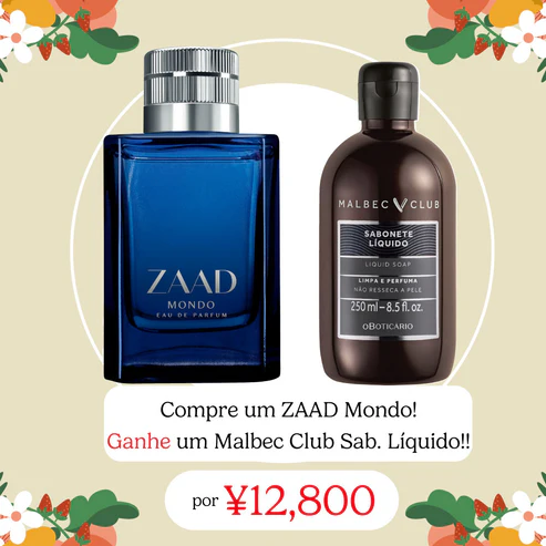 "Combo O Boticário masculino com perfume Zaad Mondo Eau de Parfum 95ml em frasco de vidro azul translúcido e Sabonete Líquido Malbec Club 250ml em embalagem cinza com válvula pump."