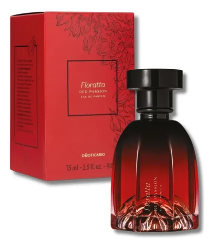 Frasco do perfume Floratta Red Passion Eau de Parfum em degradê vermelho e preto ao lado de sua caixa vermelha com ilustrações florais.