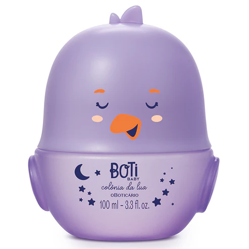 Frasco arredondado lilás em formato de passarinho com olhos fechados e tampa amarela em formato de bico da colônia infantil Boti Baby da Lua de 100ml.