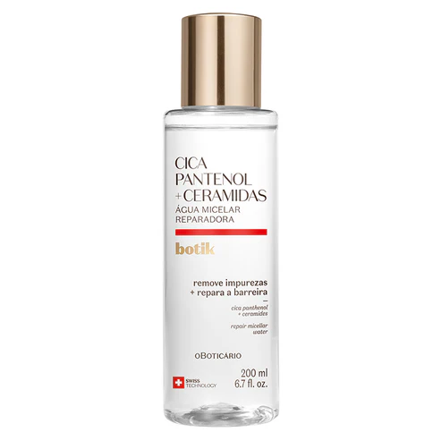 Frasco cilíndrico translúcido com tampa dourada metálica da Água Micelar Reparadora Botik Cica Pantenol mais Ceramidas de 200ml.
