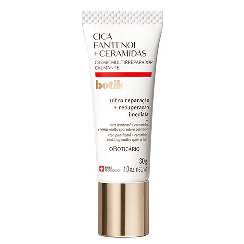 Bisnaga branca com detalhes em vermelho e tampa dourada metálica do creme multirreparador calmante Botik Cica Pantenol mais Ceramidas de 30g.