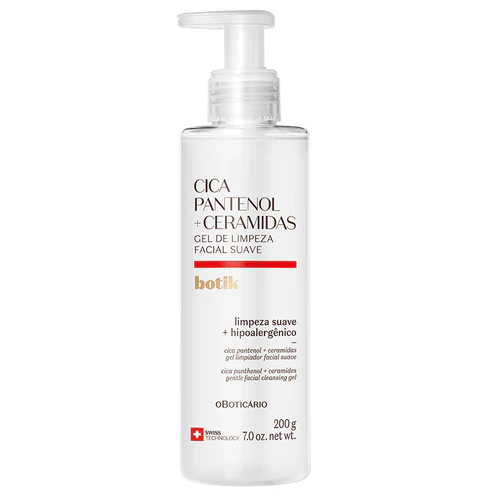 Frasco cilíndrico translúcido com válvula pump branca do gel de limpeza facial suave Botik Cica Pantenol mais Ceramidas de 200g.