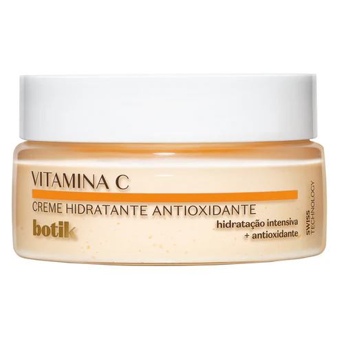 Pote de vidro translúcido âmbar-claro com tampa branca do creme hidratante antioxidante Vitamina C Botik de 50g.
