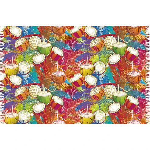Canga de praia em viscose Bali Blue com estampa corrida e vibrante estilo pop art, ilustrando cocos verdes e marrons abertos com canudos para água de coco, metades picadas e traços abstratos de folhas tropicais sobre um fundo colorido em tons de vermelho, laranja, azul e verde.