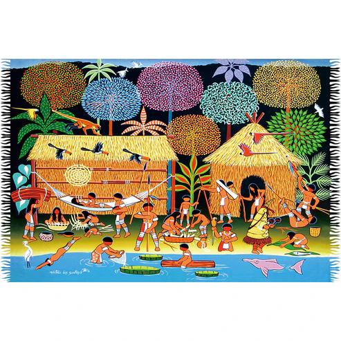 Canga de praia em viscose Bali Blue com estampa colorida em estilo de pintura Naif retratando o cotidiano de uma aldeia indígena na floresta, com ocas de palha, indígenas realizando atividades como pescaria e artesanato, animais como boto-cor-de-rosa, tucanos e garça, sob árvores com copas arredondadas e coloridas.