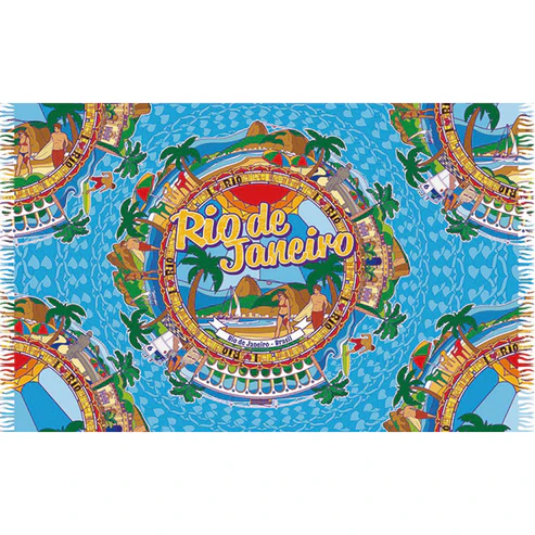 Canga de praia em viscose azul Bali Blue com estampa de mandala circular centralizada escrita "Rio de Janeiro", ilustrando coqueiros, banhistas, o Cristo Redentor, o Pão de Açúcar e os Arcos da Lapa, cercada por mandalas menores nos cantos sobre fundo texturizado em tons de azul.