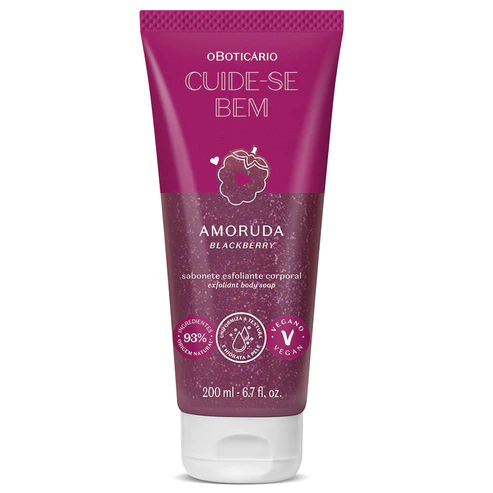 Bisnaga roxo-escura translúcida mostrando a textura com partículas do sabonete esfoliante corporal Cuide-se Bem Amoruda Blackberry de 200ml.
