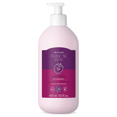Frasco de loção hidratante corporal roxo-escuro com válvula pump da linha Cuide-se Bem Amoruda Blackberry de 400ml.