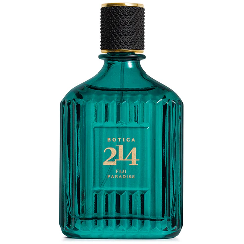 Frasco robusto de vidro lapidado verde-turquesa com linhas verticais em relevo e tampa preta texturizada com topo dourado do perfume Botica 214 Fiji Paradise Masculino.