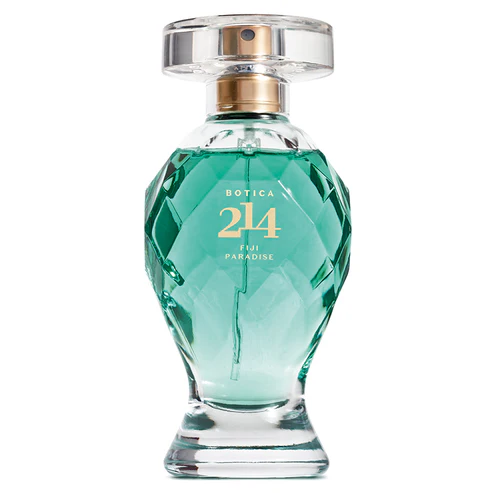 Frasco de vidro lapidado em formato de ânfora translúcida com líquido verde-turquesa e tampa transparente do perfume Botica 214 Fiji Paradise Feminino.