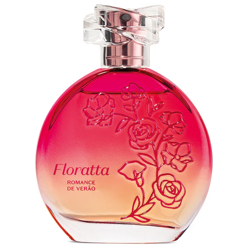 Frasco redondo de vidro com gradiente vibrante do rosa pink ao pêssego ensolarado do perfume Floratta Romance de Verão de 75ml.
