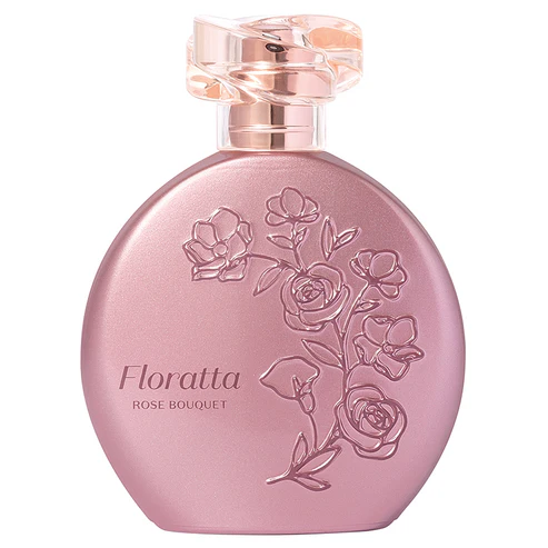 Frasco redondo rosa metálico do perfume Floratta Rose Bouquet de 75ml com relevo de flores e tampa transparente estilizada.