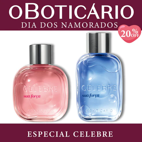 Banner promocional "Especial Celebre" de O Boticário para o Dia dos Namorados. Mostra os perfumes Celebre Sua Força feminino (rosa) e masculino (azul) com selo de 20% OFF e fundo bordô.