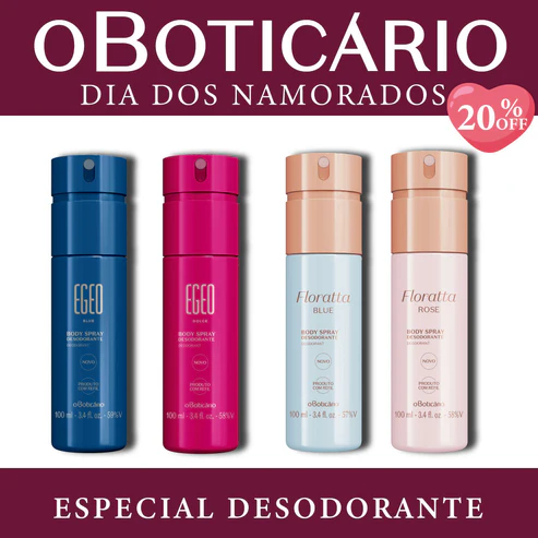 Banner "Especial Desodorante" O Boticário com quatro frascos de Body Spray: Egeo Blue, Egeo Dolce, Floratta Blue e Floratta Rose. Fundo bordô com selo de 20% OFF em formato de coração.