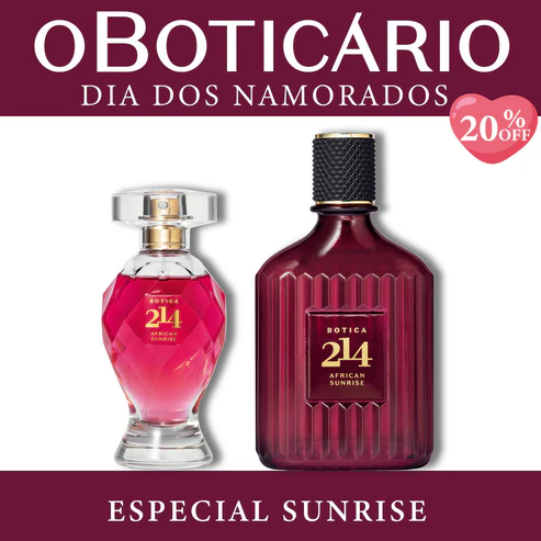 Banner "Especial Sunrise" de O Boticário para o Dia dos Namorados. Mostra os perfumes Botica 214 African Sunrise feminino (frasco facetado rosa) e masculino (frasco vinho reto) com selo de 20% OFF.