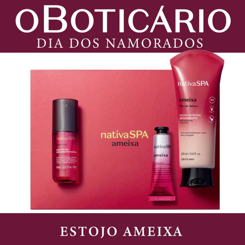 Estojo Nativa SPA Ameixa de O Boticário para o Dia dos Namorados. O kit contém um Body Splash de 60ml, um creme para mãos de 30g e uma loção corporal de 200ml sobre uma base rosa.