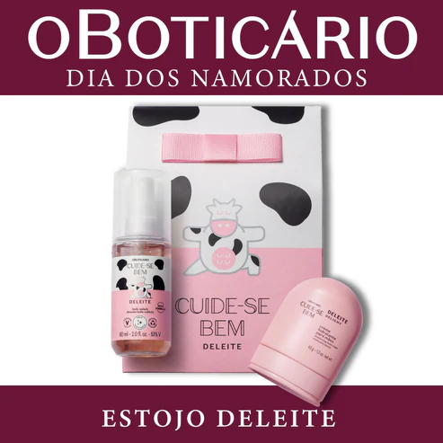 Estojo Cuide-se Bem Deleite de O Boticário para o Dia dos Namorados. O kit inclui um Body Splash de 60ml e um creme para mãos de 45g, apresentados em uma embalagem branca com manchas pretas de vaca e laço rosa.