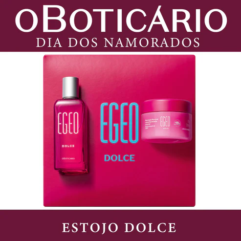 Estojo Egeo Dolce de O Boticário para o Dia dos Namorados. O kit apresenta um frasco de perfume Egeo Dolce e um pote de Merengue Mousse hidratante sobre um fundo rosa vibrante.
