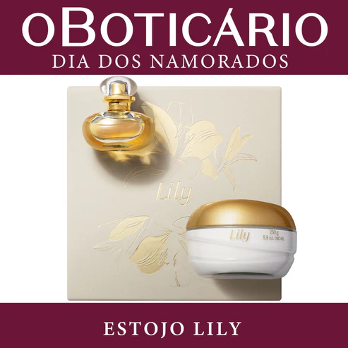 Estojo Lily de O Boticário para o Dia dos Namorados. O kit contém um frasco de Lily Eau de Parfum e um pote de Creme Acetinado de 250g sobre uma caixa de presente elegante com relevo de lírio.