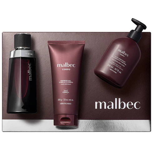 Estojo Malbec de O Boticário contendo um perfume Malbec de 100ml, um Shower Gel de 205g e uma loção hidratante de 200ml sobre uma caixa de presente premium.