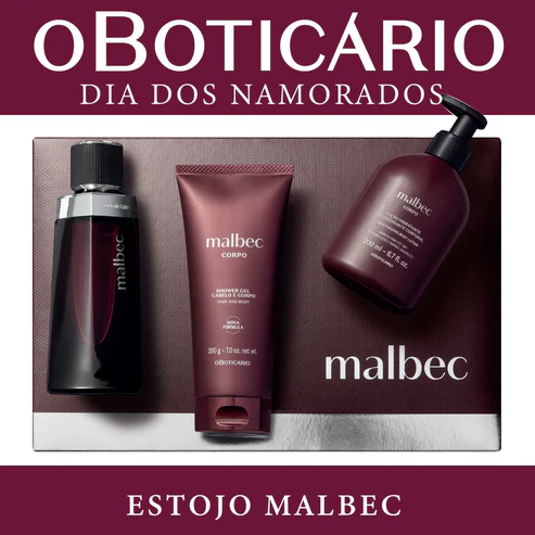 Estojo Malbec de O Boticário para o Dia dos Namorados contendo um perfume Malbec de 100ml, um Shower Gel de 205g e uma loção hidratante de 200ml sobre uma caixa de presente premium.