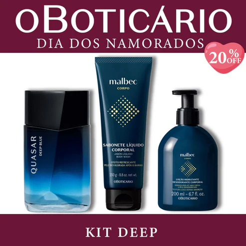 Kit Deep de O Boticário para o Dia dos Namorados contendo um perfume Quasar Deep Blue, um Sabonete Líquido Malbec e uma Loção Hidratante Malbec sobre fundo bordô com selo de 20% OFF.