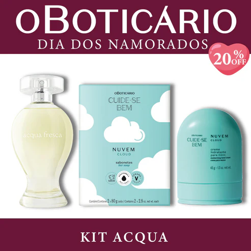 "Sinta a leveza e o frescor clássico com o Kit Acqua. Este conjunto exclusivo reúne a fragrância icônica de Acqua Fresca com o cuidado delicado da linha Cuide-se Bem Nuvem. Aproveite nossa promoção de Dia dos Namorados com 20% de desconto e ganhe 1 Copo de Brinde em sua compra (sem opção de escolha, conforme disponibilidade)!"