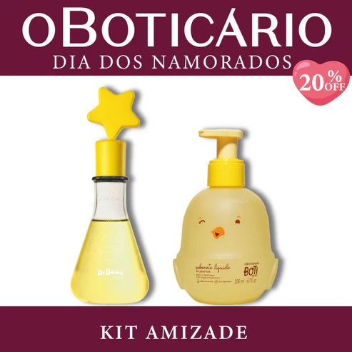 Kit Amizade de O Boticário para o Dia dos Namorados. Mostra uma colônia Dr. Botica com tampa em formato de estrela amarela e um sabonete líquido Boti Baby em embalagem amarela de passarinho com bico laranja.