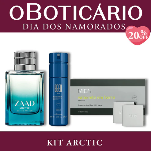 Kit Arctic de O Boticário para o Dia dos Namorados contendo um perfume Zaad Arctic, um Body Spray Egeo Blue e uma caixa de sabonetes em barra MEN sobre fundo bordô com selo de 20% OFF.