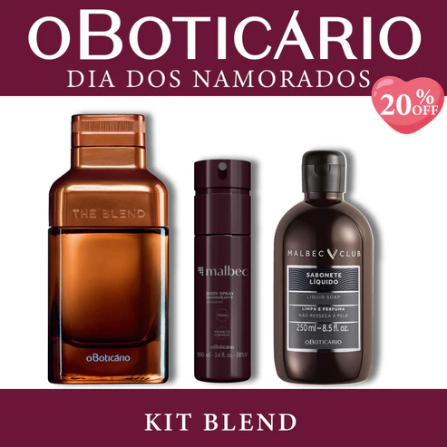 Kit Blend de O Boticário para o Dia dos Namorados contendo um perfume The Blend, um Body Spray Malbec e um Sabonete Líquido Malbec Club sobre fundo bordô com selo de 20% OFF.