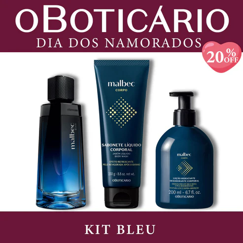Kit Bleu de O Boticário para o Dia dos Namorados contendo um perfume Malbec Bleu, um sabonete líquido corporal de 250g e uma loção hidratante corporal de 200ml sobre fundo bordô com selo de 20% OFF.