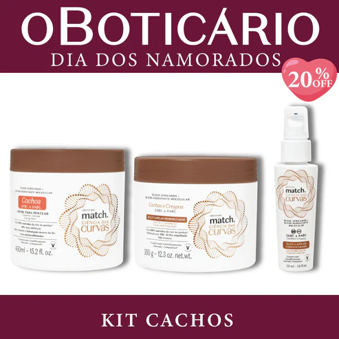 Kit Cachos Match Ciência das Curvas de O Boticário contendo Creme para Pentear de 450ml, Jelly Capilar de 350g e Óleo Concentrado de 50ml sobre fundo bordô com selo de 20% OFF.