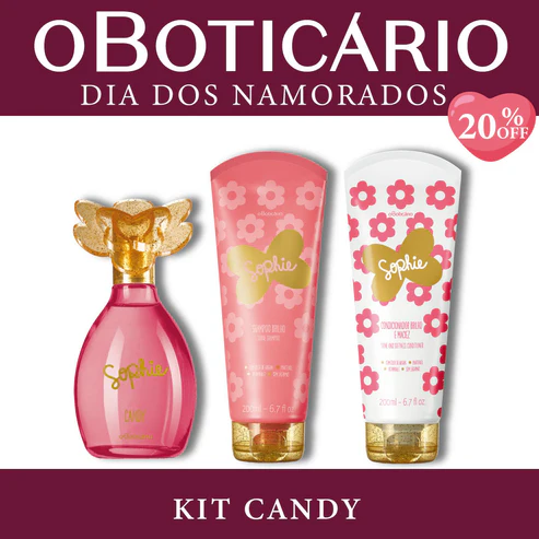 Kit Candy Sophie de O Boticário para o Dia dos Namorados contendo Colônia de 100ml, Shampoo de 200ml e Condicionador de 200ml com estampas de flores rosas sobre fundo bordô com selo de 20% OFF.