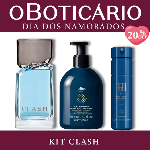 Kit Clash O Boticário com perfume Egeo Clash azul claro, loção corporal Malbec azul marinho e body spray Egeo Blue sobre fundo branco e bordas vinho.