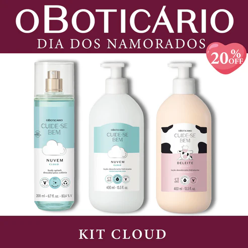 Kit Cloud O Boticário com Body Splash e loção hidratante Nuvem azul-celeste ao lado da loção corporal Deleite sobre fundo branco e bordas vinho.