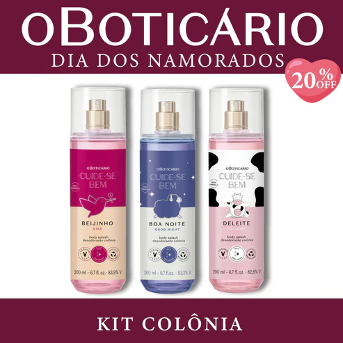Kit Colônia Cuide-se Bem de O Boticário para o Dia dos Namorados contendo três Body Splashes (Beijinho, Boa Noite e Deleite) de 200ml cada sobre fundo bordô com selo de 20% OFF.