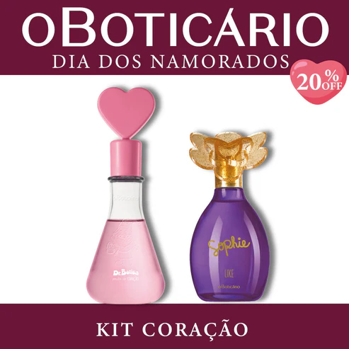 Kit Coração de O Boticário para o Dia dos Namorados mostrando uma colônia Dr. Botica Poção do Coração com tampa rosa de coração e uma colônia Sophie Like roxa sobre fundo bordô com selo de 20% OFF.