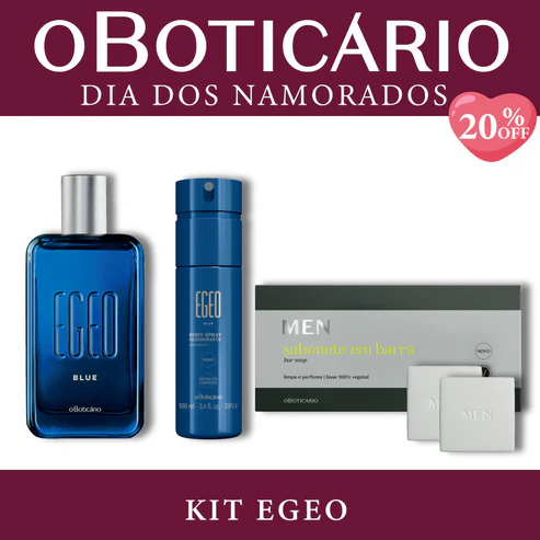 Kit Egeo Blue de O Boticário para o Dia dos Namorados contendo um perfume Egeo Blue, um Body Spray azul e uma caixa de sabonetes em barra MEN sobre fundo bordô com selo de 20% OFF.