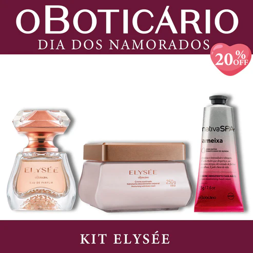 Kit Elysée de O Boticário para o Dia dos Namorados contendo um perfume Elysée Eau de Parfum, um Creme Acetinado de 250g e um Creme para Mãos Nativa SPA Ameixa sobre fundo bordô com selo de 20% OFF.